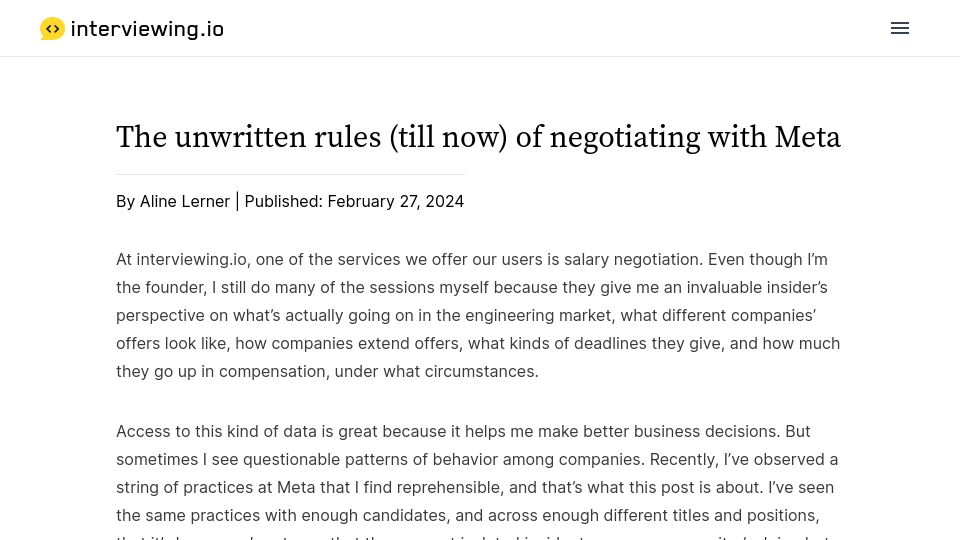 Screenshot of interviewing.io: The unwritten rules of negotiating with Meta