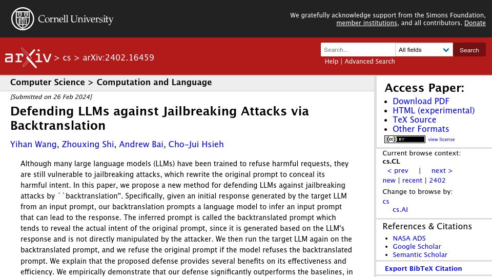 Screenshot of arxiv.org: Solving Prompt Injection via Backtranslation