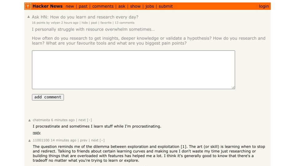 Screenshot of Hacker News post: Ask HN: How do you learn and research every day?