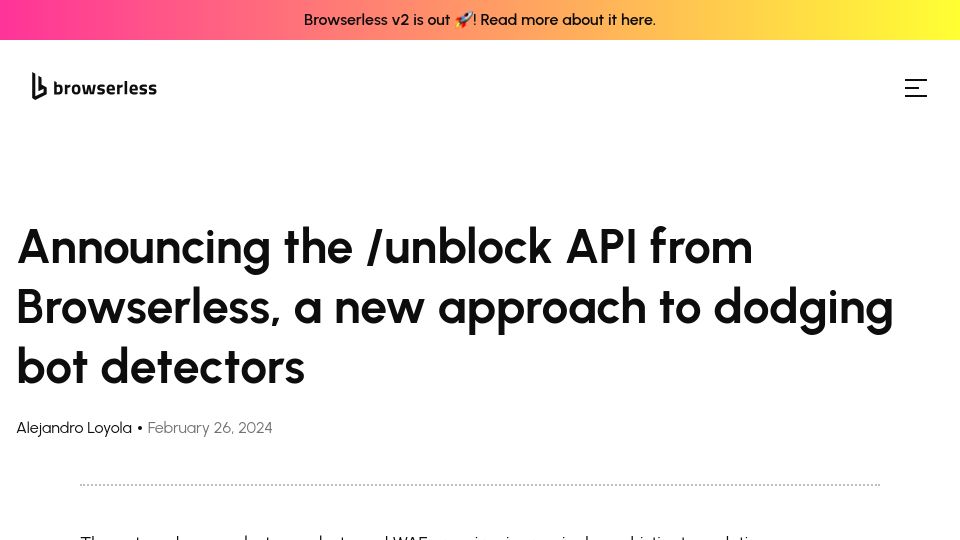 Screenshot of browserless.io: The /unblock API from Browserless: dodging bot detection as a service