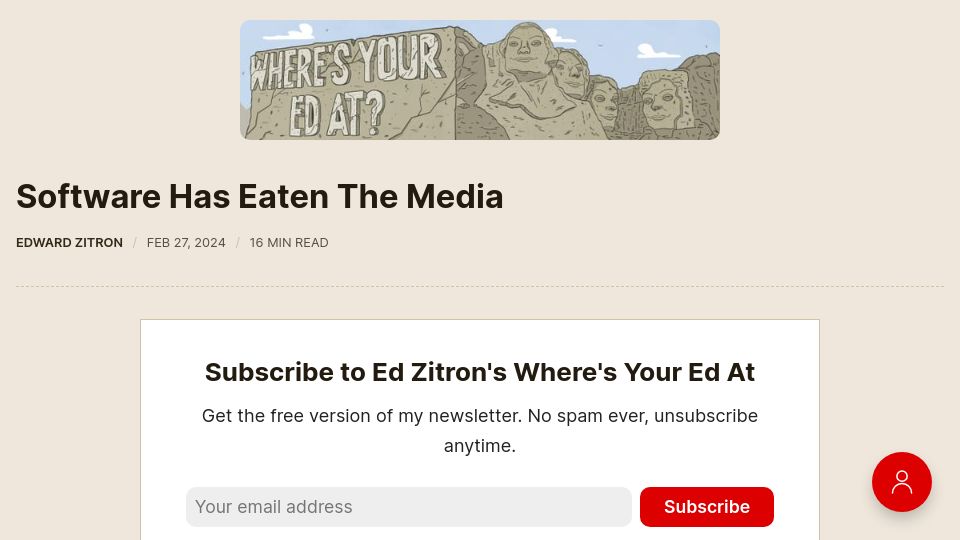 Screenshot of wheresyoured.at: Software Has Eaten the Media