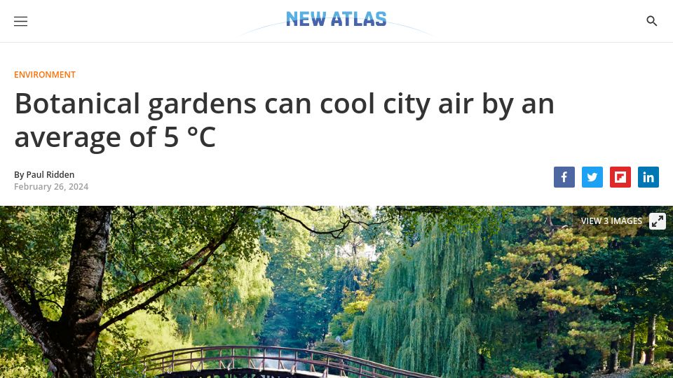 Screenshot of newatlas.com: Botanical gardens can cool city air by an average of 5°C