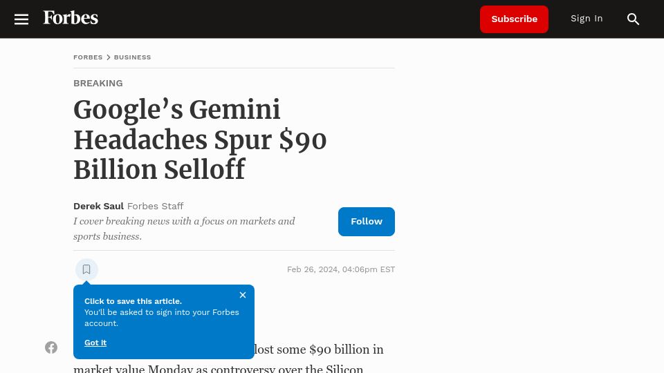 Screenshot of forbes.com: Google's Gemini Headaches Spur $90B Selloff