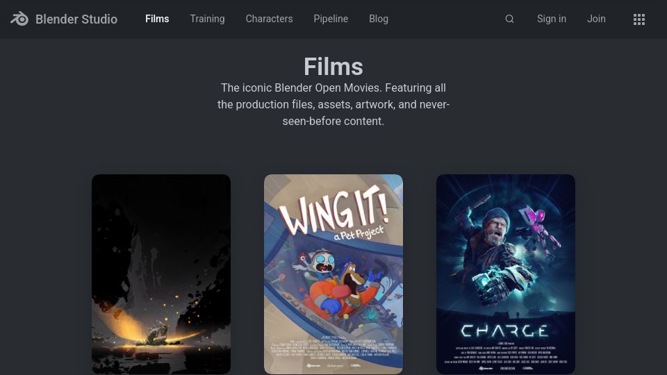 Screenshot of studio.blender.org: Blender Open Movies. Featuring all the production files, assets, and artwork