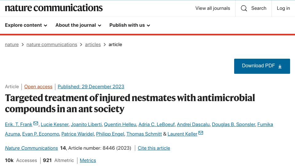 Screenshot of nature.com: Ants treat injured nestmates with antimicrobial compound in ant society