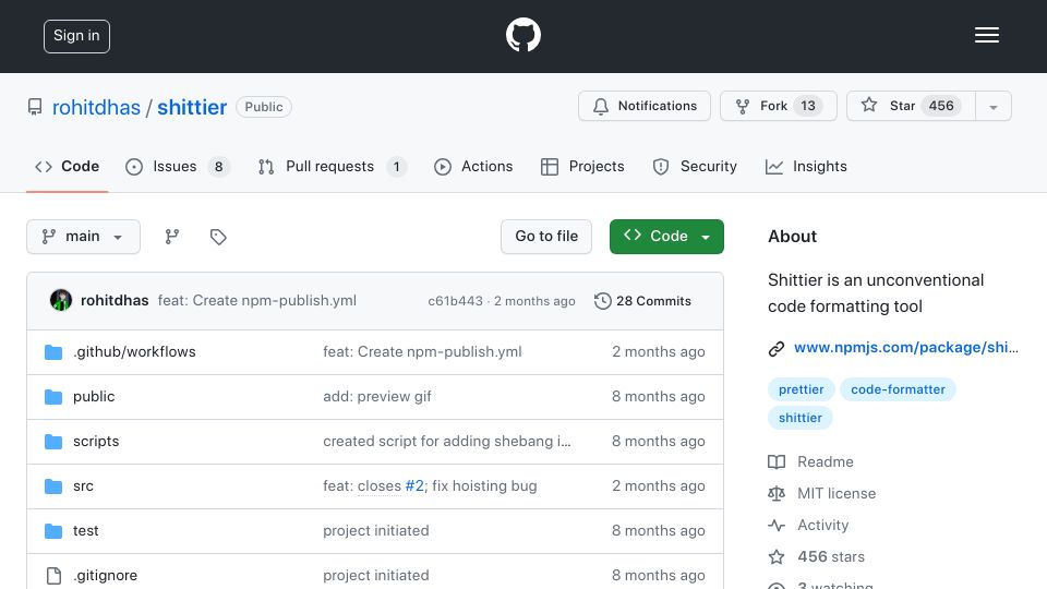 Screenshot of github.com: Shittier: Code formatting tool that makes your code look terrible