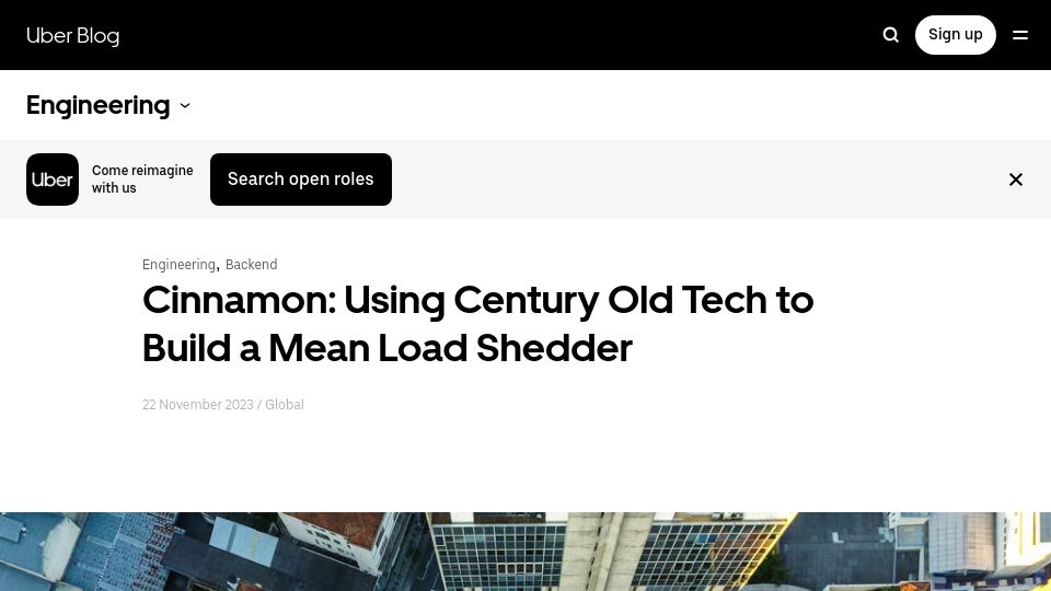 Screenshot of uber.com: Cinnamon: Using century old tech to build a mean load shedder (2023)
