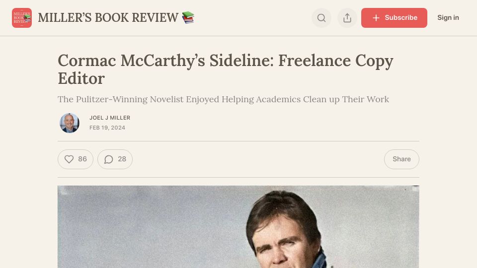Screenshot of millersbookreview.com: Cormac McCarthy's Sideline: Freelance copy editor