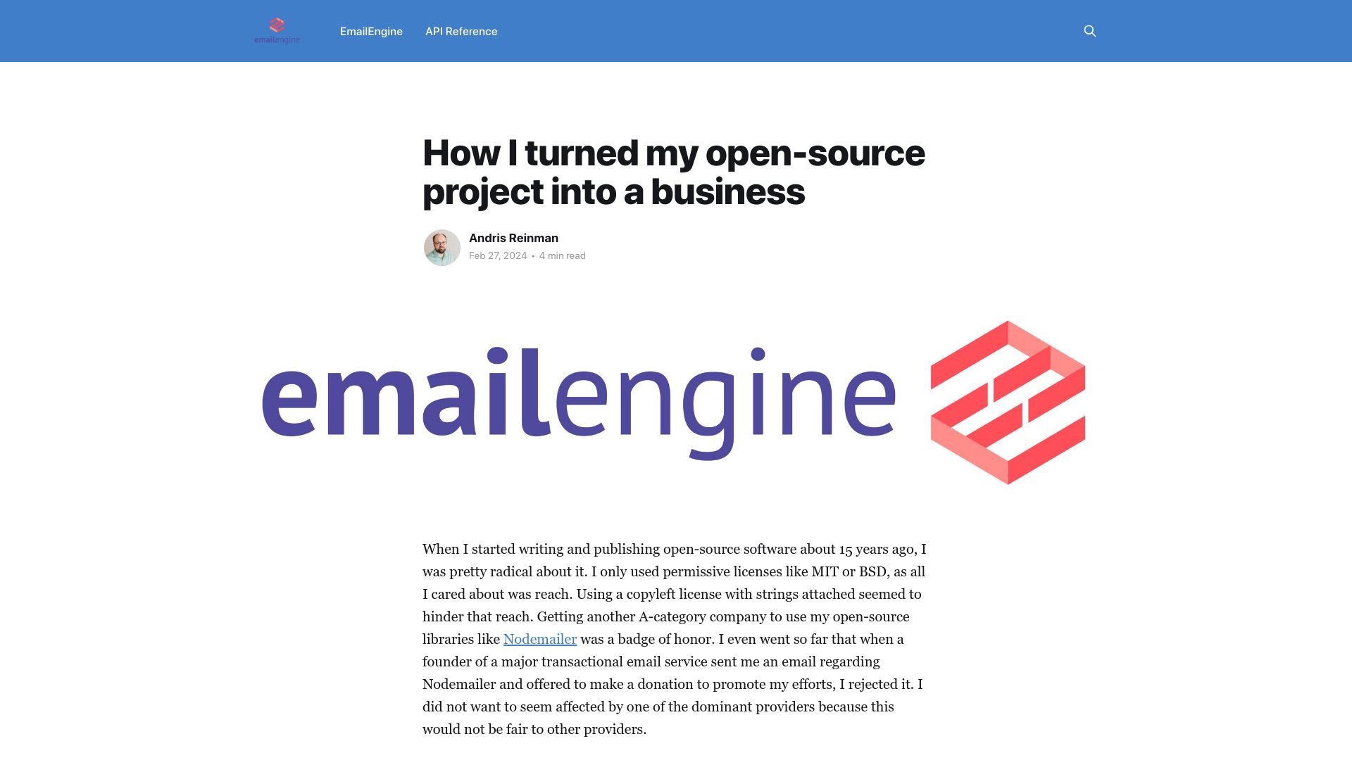 Screenshot of docs.emailengine.app: I turned my open-source project into a full-time business