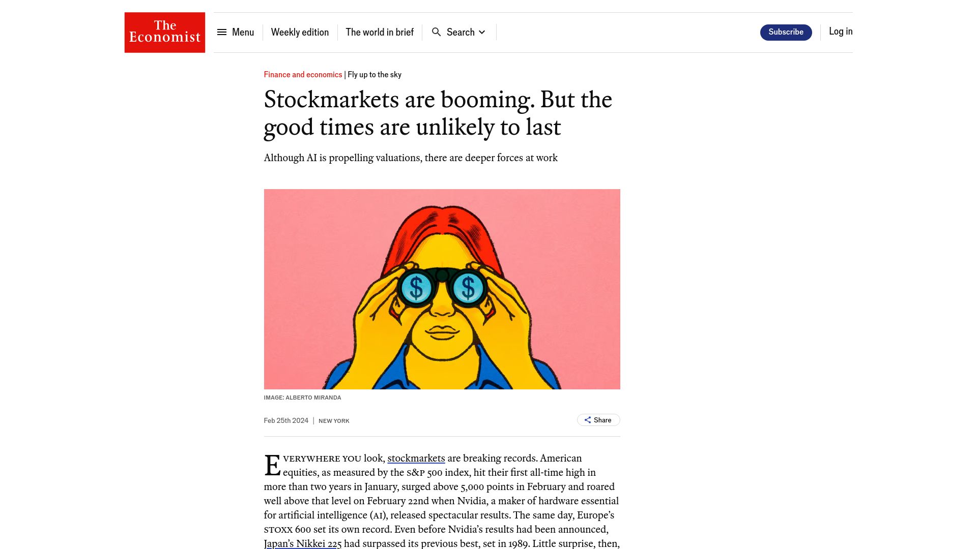 Screenshot of economist.com: Stock markets are booming but the good times are unlikely to last