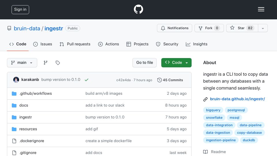 Screenshot of github.com: Show HN: I built an open-source data copy tool called ingestr