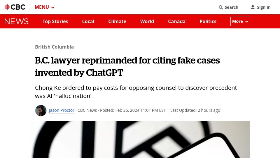Screenshot of cbc.ca: B.C. lawyer reprimanded for citing fake cases invented by ChatGPT