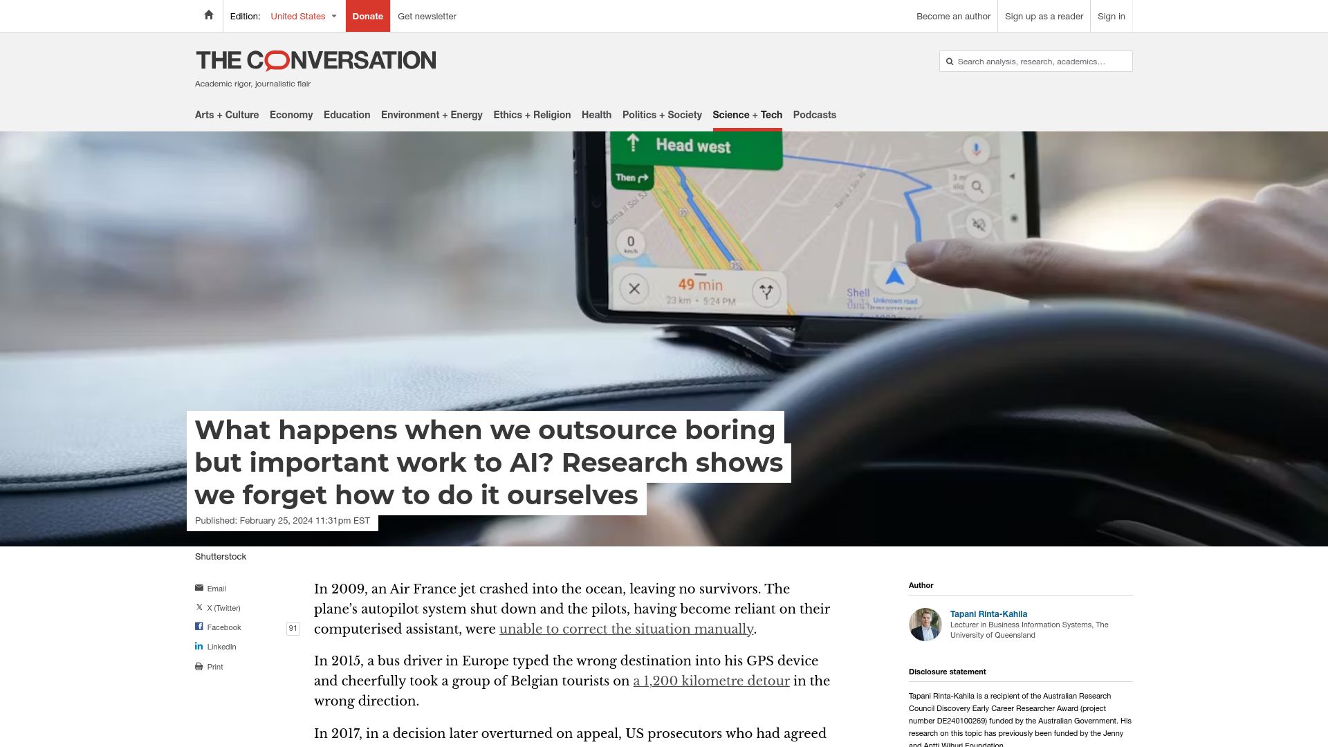 Screenshot of theconversation.com: "Expertise Erosion" from Over-Reliance on AI