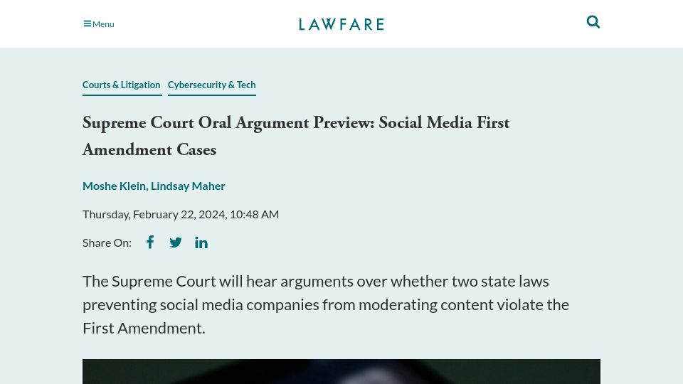 Screenshot of lawfaremedia.org: Social Media First Amendment Cases