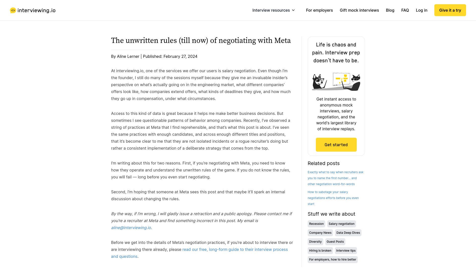 Screenshot of interviewing.io: The unwritten rules of negotiating with Meta