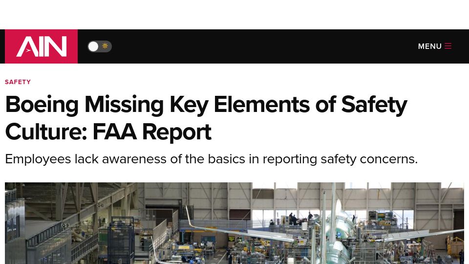 Screenshot of ainonline.com: Boeing missing key elements of safety culture: FAA report