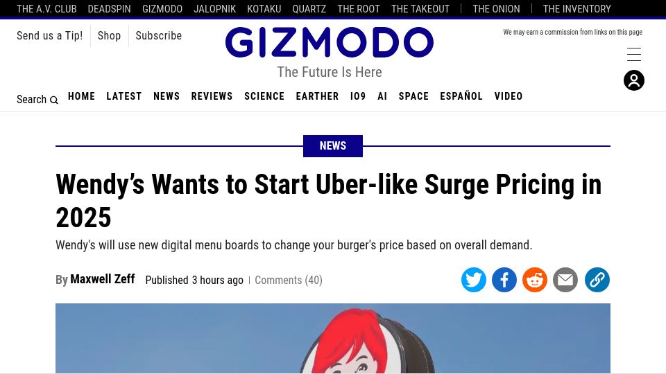 Screenshot of gizmodo.com: Wendy's Wants to Start Uber-Like Surge Pricing in 2025