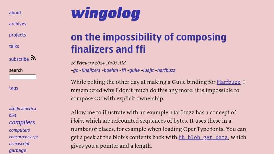 Screenshot of wingolog.org: On the impossibility of composing finalizers and FFI