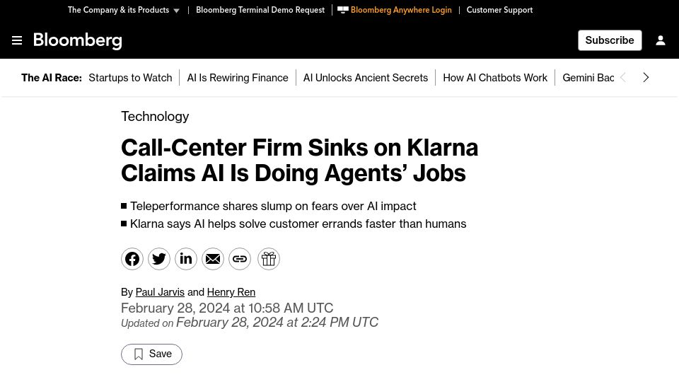 Screenshot of bloomberg.com: Call-Center Firm Sinks on Klarna Claims AI Is Doing Agents' Jobs