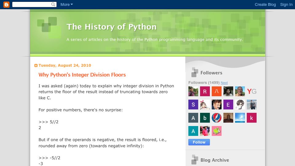 Screenshot of python-history.blogspot.com: Why Python's Integer Division Floors (2010)