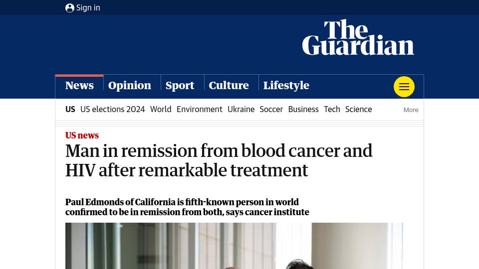 Screenshot of theguardian.com: Man in remission from blood cancer and HIV after remarkable treatment