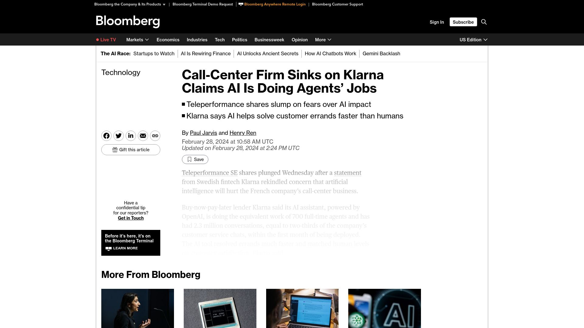 Screenshot of bloomberg.com: Call-Center Firm Sinks on Klarna Claims AI Is Doing Agents' Jobs