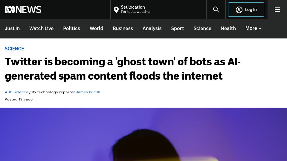 Screenshot of abc.net.au: X becoming a 'ghost town' of bots as AI-generated spam content floods internet