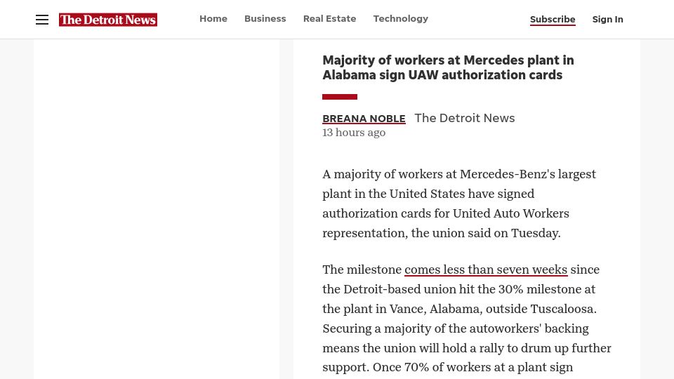 Screenshot of detroitnews.com: Majority of workers at Mercedes plant in Alabama sign UAW authorization cards