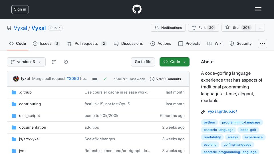 Screenshot of github.com: Vyxal: A code-golfing language experience