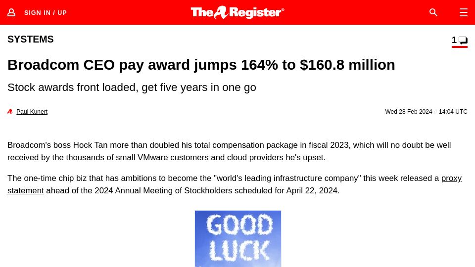 Screenshot of theregister.com: Broadcom CEO pay award jumps 164% to $160.8M