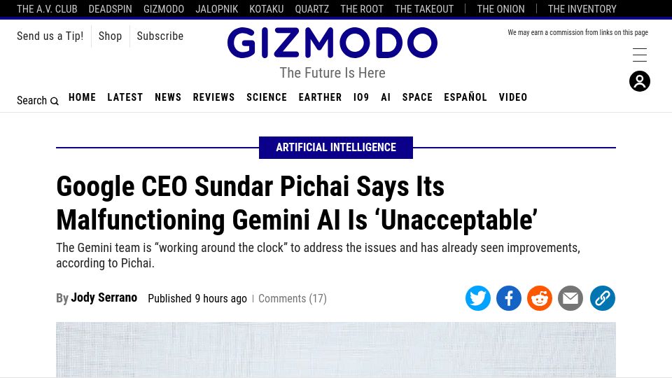 Screenshot of gizmodo.com: Google CEO Sundar Pichai Says Its Malfunctioning Gemini AI Is 'Unacceptable'