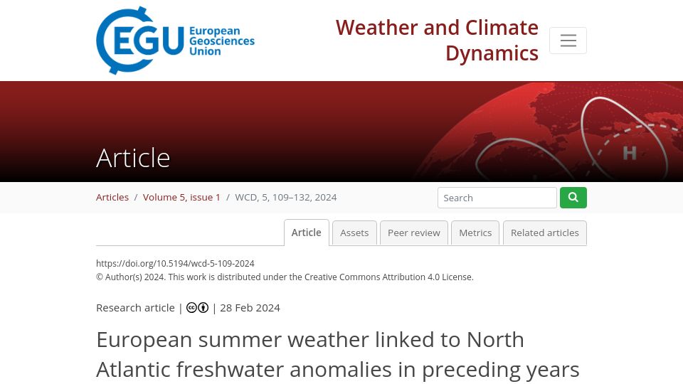 Screenshot of wcd.copernicus.org: European summer weather linked to North Atlantic freshwater anomalies