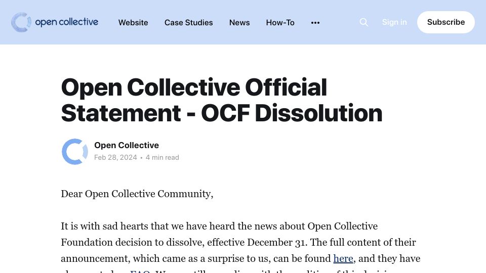 Screenshot of blog.opencollective.com: Open Collective Official Statement – OCF Dissolution