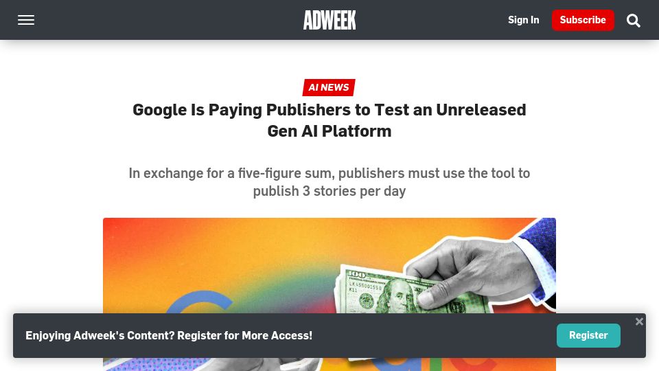 Screenshot of adweek.com: Google pays publishers to test AI tool that scrapes sites to craft new content