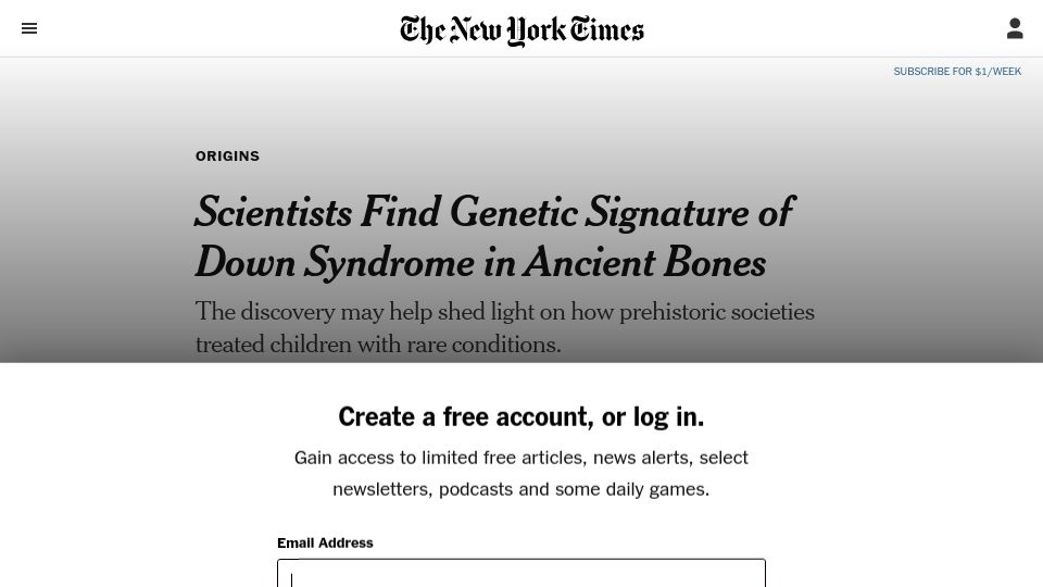 Screenshot of nytimes.com: Scientists find genetic signature of Down syndrome in ancient bones