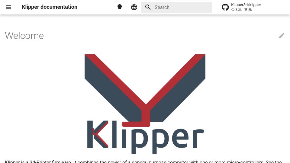 Screenshot of klipper3d.org: Klipper is a 3D-Printer firmware