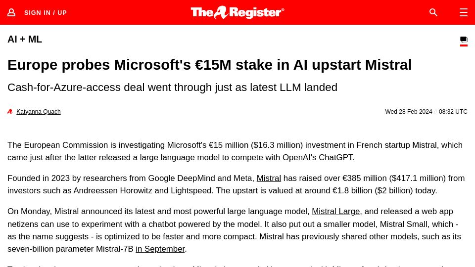 Screenshot of theregister.com: Europe probes Microsoft's €15M stake in AI upstart Mistral