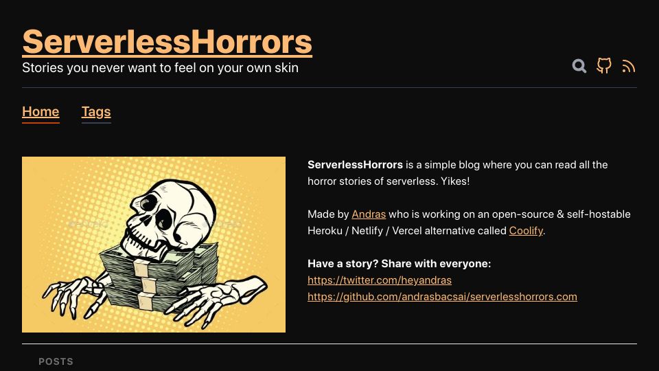 Screenshot of serverlesshorrors.com: Serverless Horrors