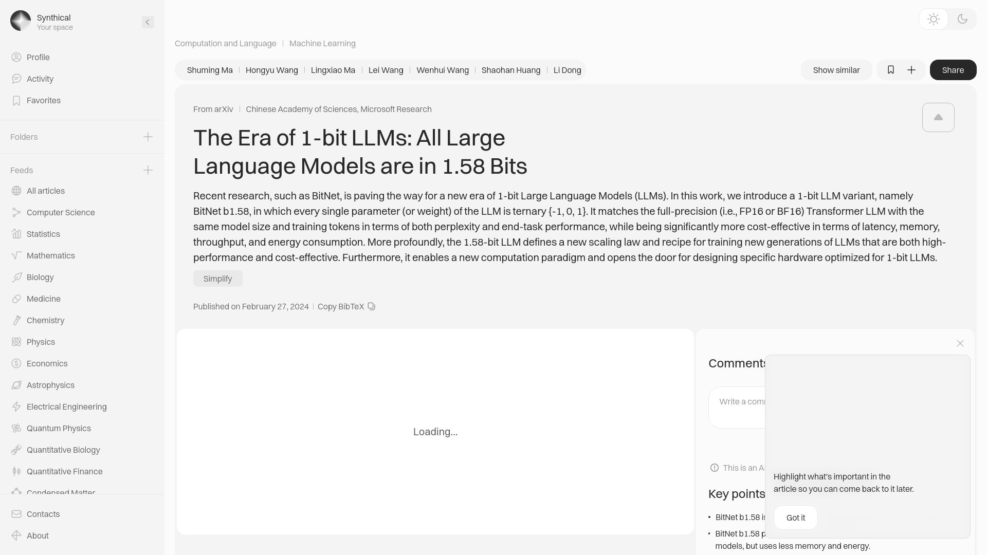 Screenshot of synthical.com: The Era of 1-Bit LLMs: All Large Language Models Are in 1.58 Bits