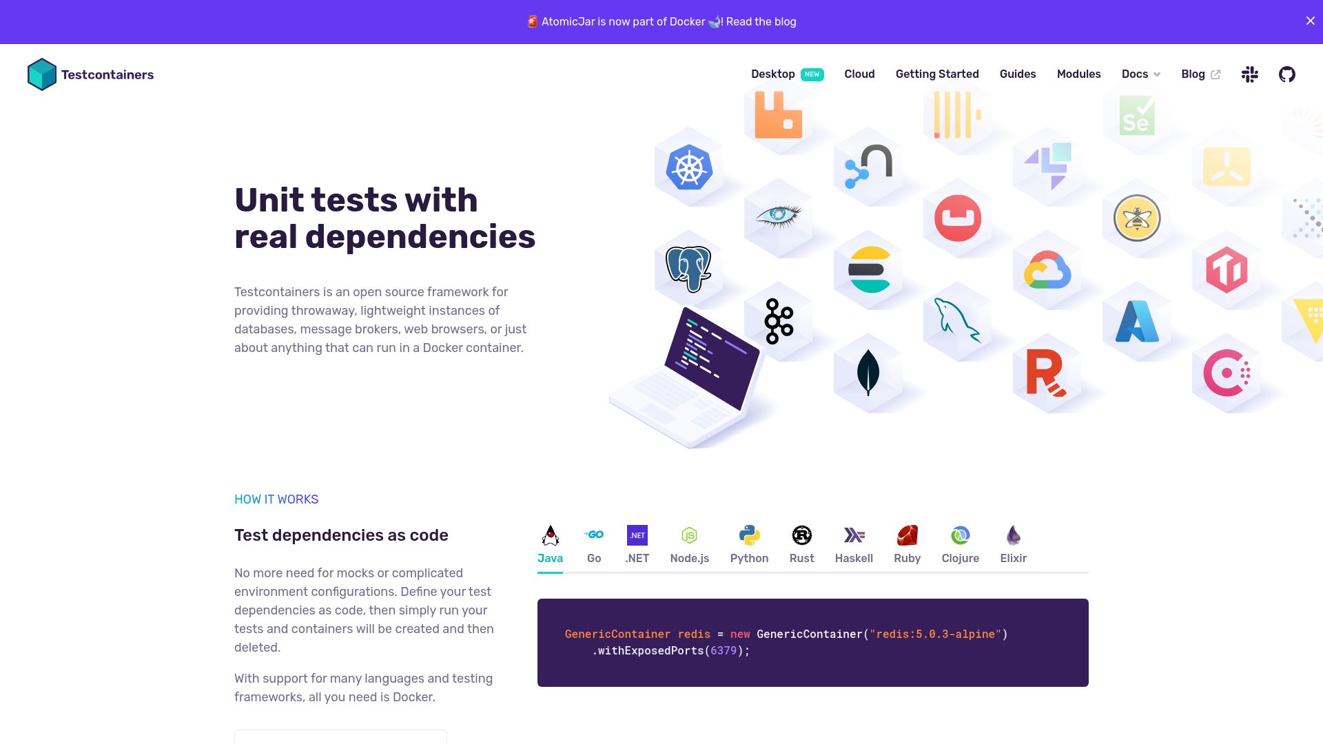 Screenshot of testcontainers.com: Testcontainers