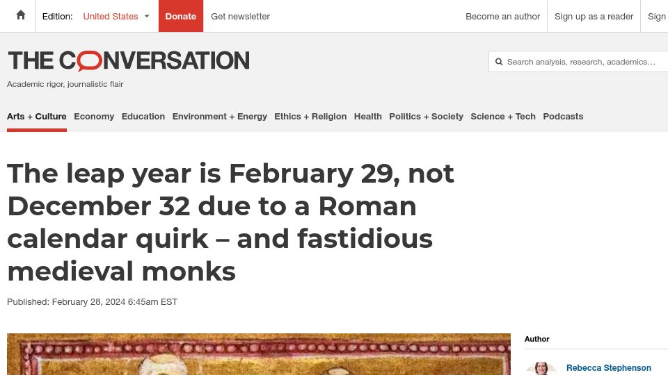 Screenshot of theconversation.com: The leap year is February 29, not December 32 due to a Roman calendar quirk
