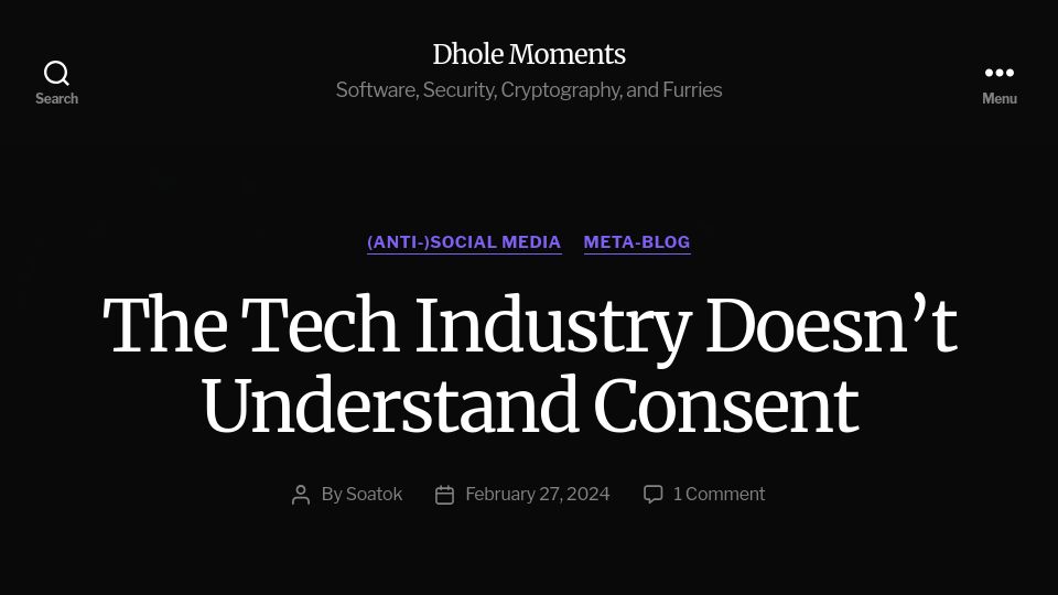 Screenshot of soatok.blog: The Tech Industry Doesn't Understand Consent – Opt-Out Is Not Consent