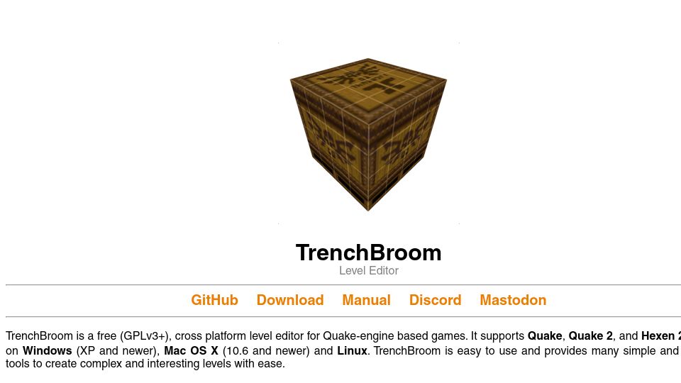 Screenshot of trenchbroom.github.io: TrenchBroom: A cross platform level editor for Quake-engine based games