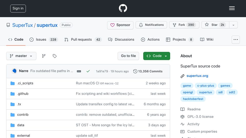 Screenshot of github.com: SuperTux