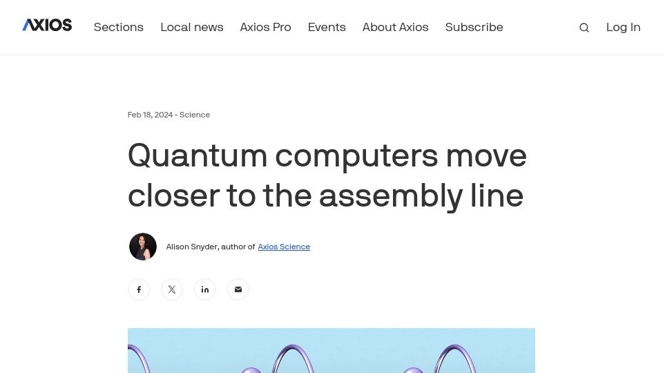 Screenshot of axios.com: Quantum computers move closer to the assembly line