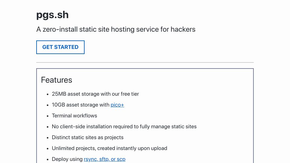 Screenshot of pgs.sh: Show HN: Pgs.sh – A zero-install static site hosting service for hackers