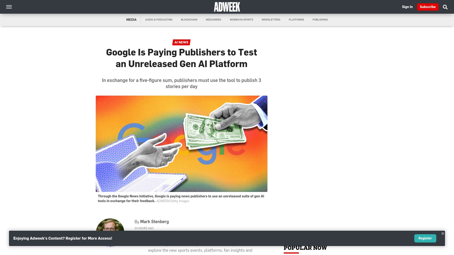 Screenshot of adweek.com: Google pays publishers to test AI tool that scrapes sites to craft new content