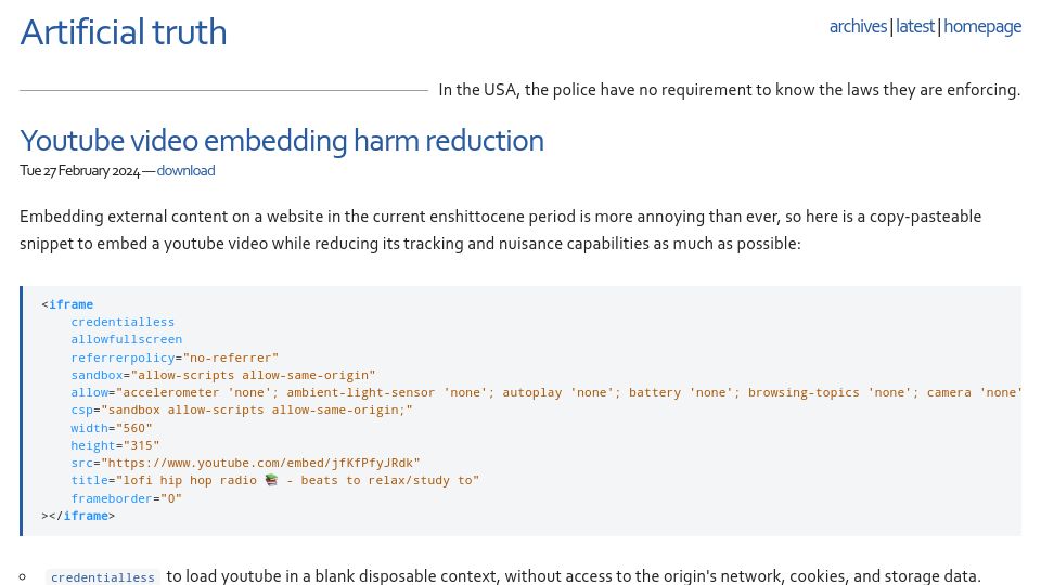 Screenshot of dustri.org: YouTube video embedding harm reduction