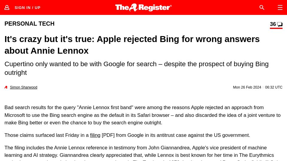 Screenshot of theregister.com: Apple rejected Bing for wrong answers about Annie Lennox