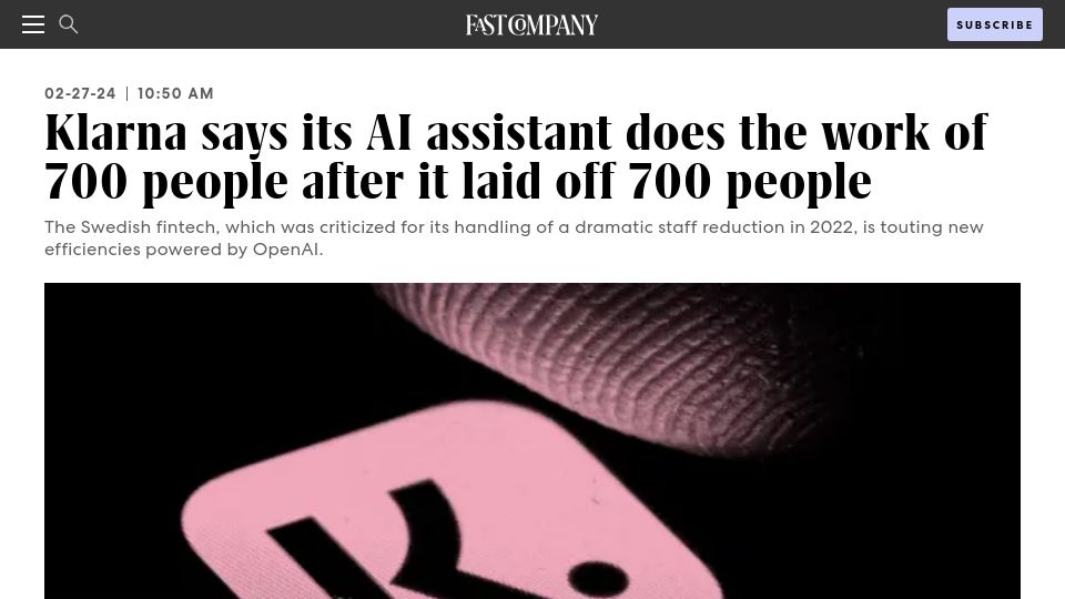 Screenshot of fastcompany.com: Klarna says its AI assistant does the work of 700 people